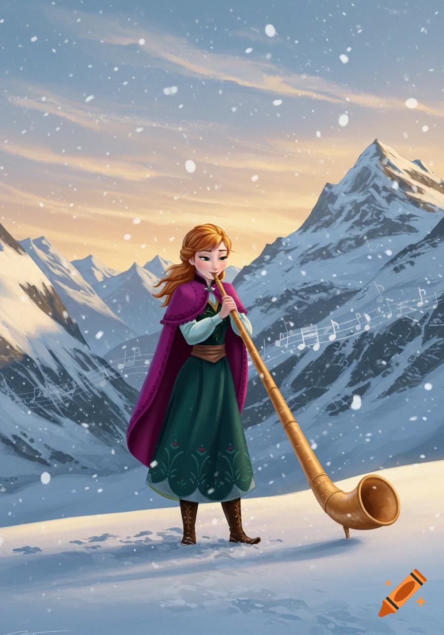 Illustrated Anna of Arendelle plays a long alphorn in a snowy mountain landscape under a sunset sky with falling snow.