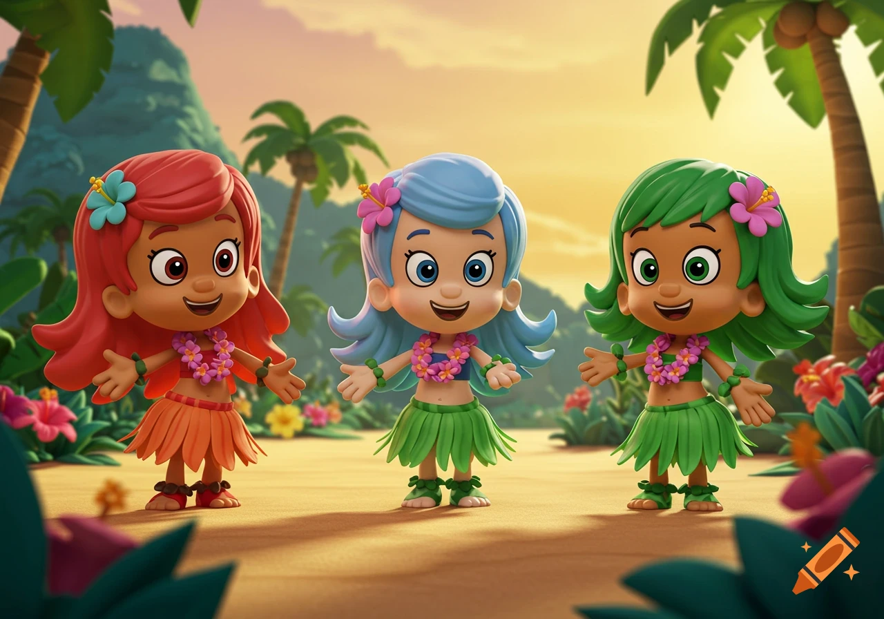 Three cartoon girls with red, blue, and green hair wear hula skirts and leis on a tropical beach at sunset.