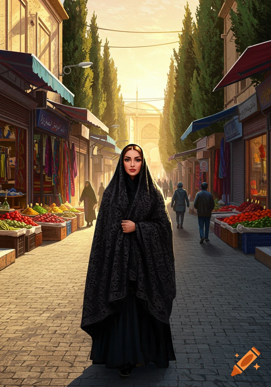 A woman in a black chador walks down a sunny market street with colorful stalls and other people in the background.