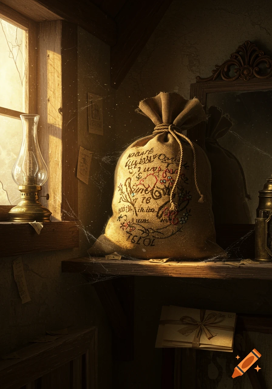 A large burlap sack with illegible embroidered text, sitting on a dusty wooden shelf next to a window and an old oil lamp.