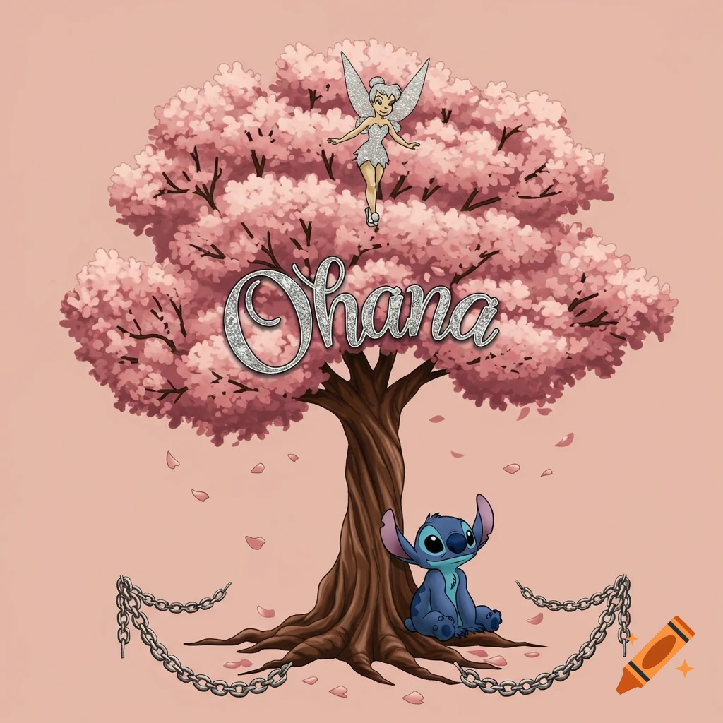 Stylized illustration with Tinkerbell above a cherry blossom tree, Stitch below, 'Ohana' text, and chains.