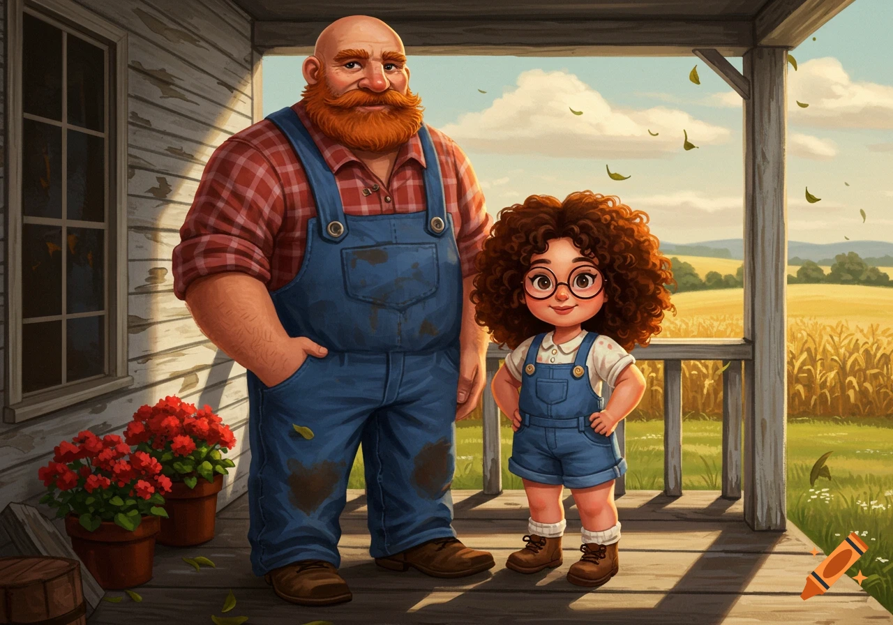A cartoon illustration of a bald, red-bearded man and a curly-haired girl in overalls on a rustic porch with a cornfield behind them.