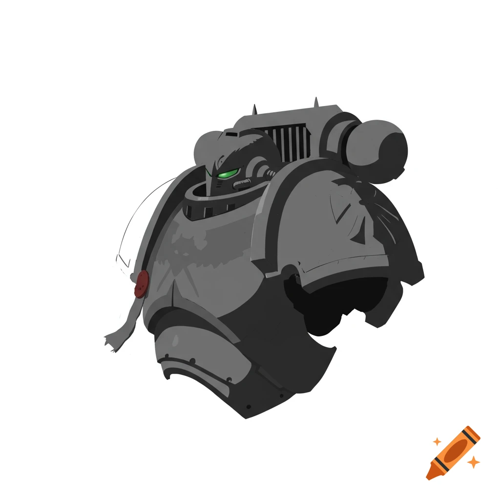 Stylized gray space marine bust with glowing green eyes and a backpack, on a white background.