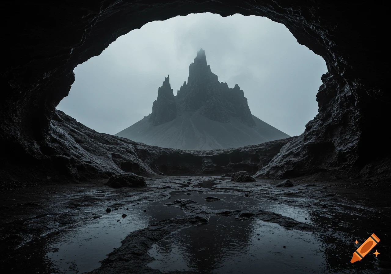 View from a dark cave opening of a jagged, dark mountain under a misty sky, with wet, rocky ground in the foreground.