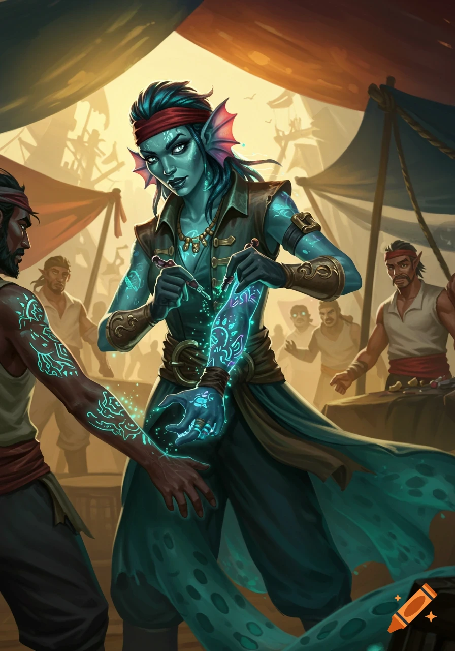 A blue-skinned Tritan pirate woman with fins on her ears gives a man glowing blue tattoos in a bustling market, detailed fantasy illustration.