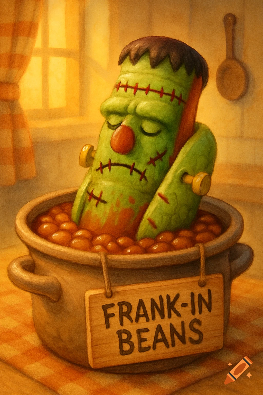 A cartoonish Frankenstein's monster hot dog bathing in a pot of baked beans, with a sign that says "FRANK-IN BEANS".