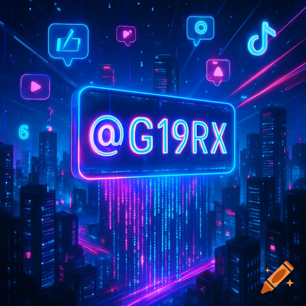 A neon blue and pink glowing sign with "@G19RX" in a futuristic cityscape at night, surrounded by social media icons.