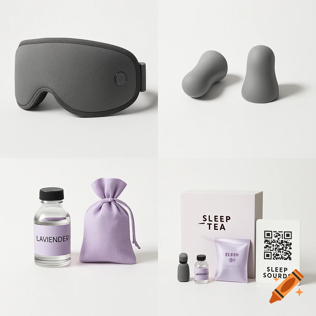 A flat lay of various grey and lavender sleep and wellness products on a white background, including a sleep mask, earplugs, lavender oil, a sachet, sleep tea, and a QR code card.