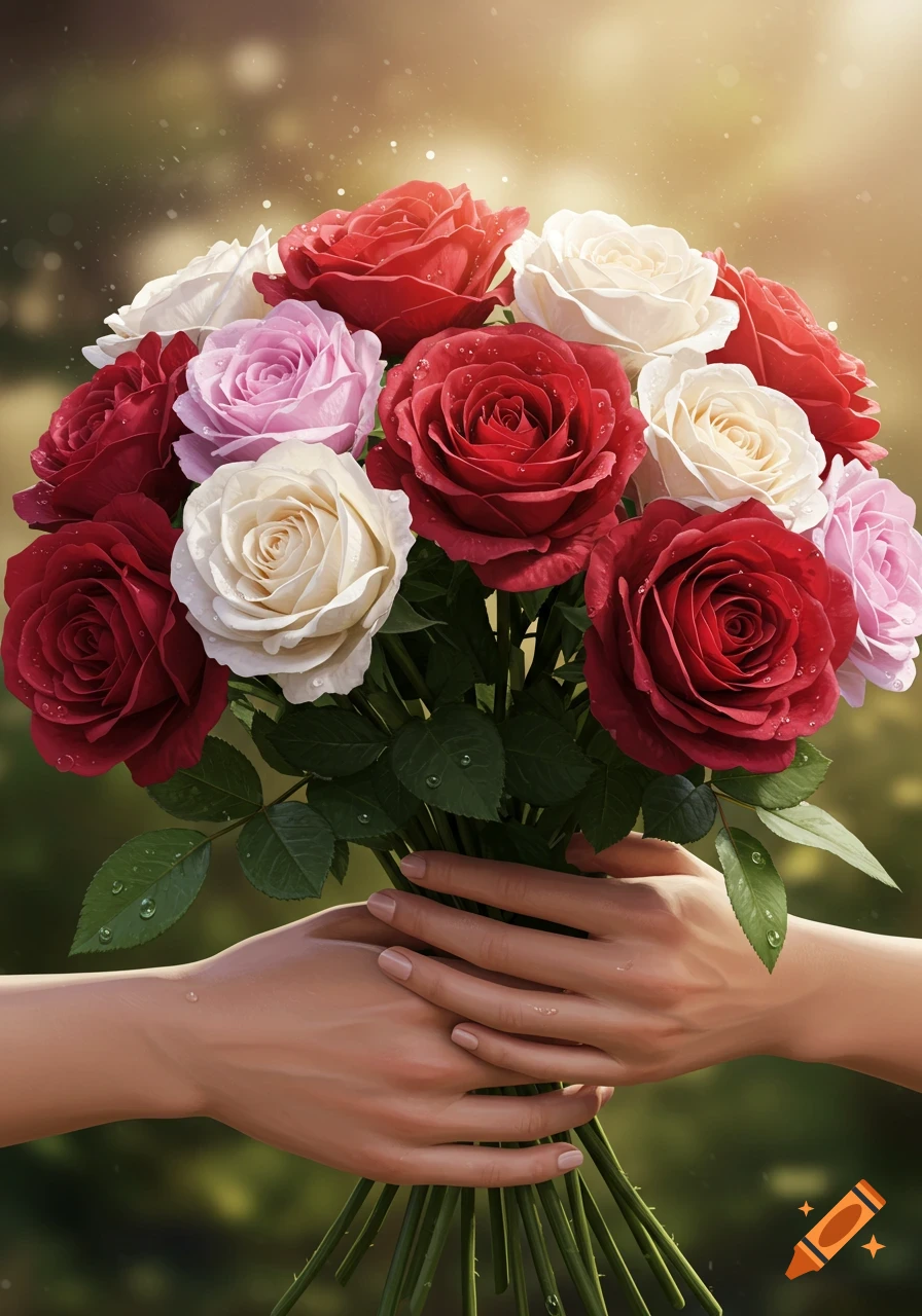 Hands gently hold a vibrant bouquet of red, white, and pink roses with water droplets against a soft, sunlit bokeh background.
