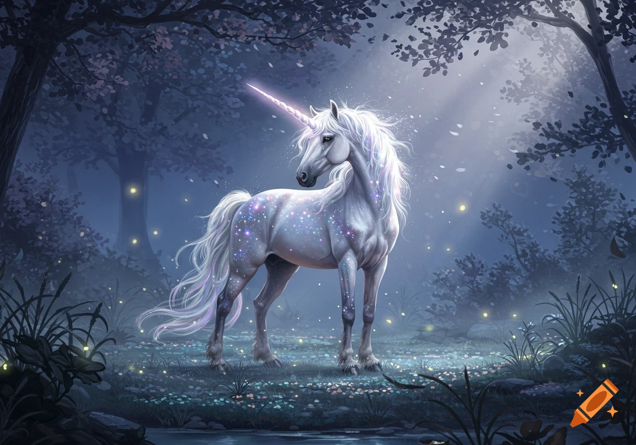 A majestic white unicorn with a glowing horn and sparkling body stands in a misty, enchanted forest at dusk with fireflies.