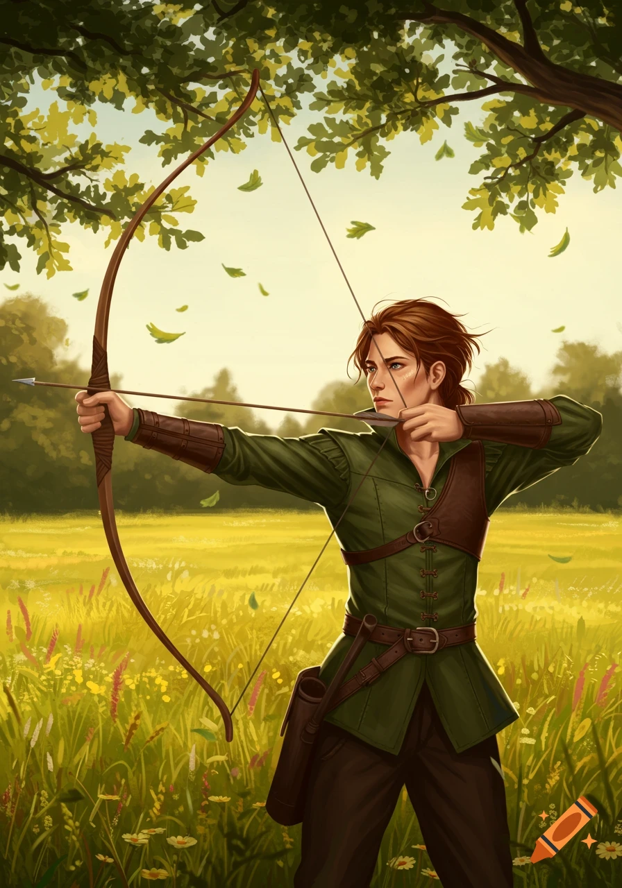 A digital painting of a female archer in green and brown attire, aiming a bow in a sunny field under a leafy tree.