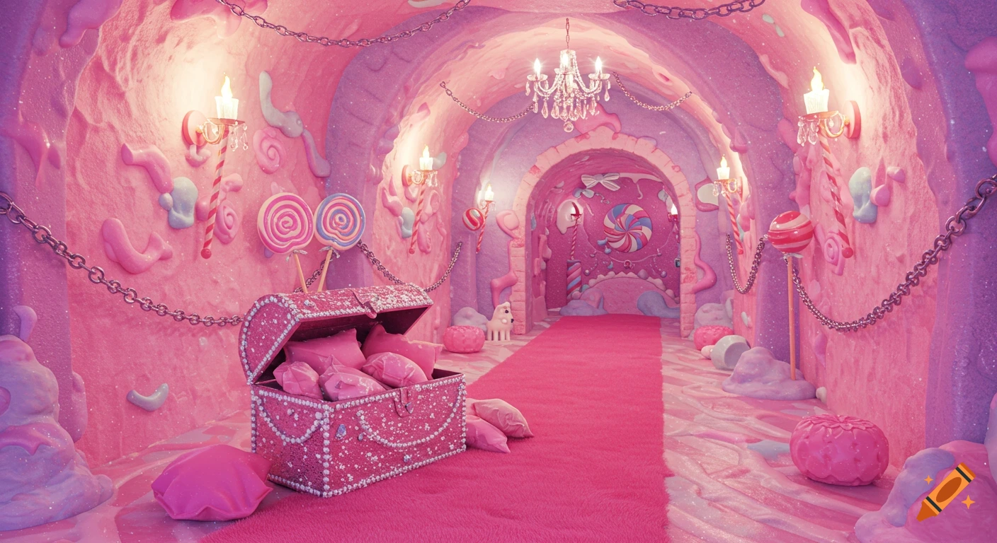 A whimsical, surreal pink candy-themed dungeon hallway with chandeliers, lollipops, chains, and an open treasure chest filled with pink pillows.