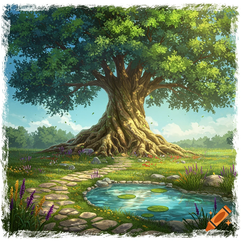A large, gnarled tree with exposed roots stands in a lush green field, a stone path leads to a small pond.