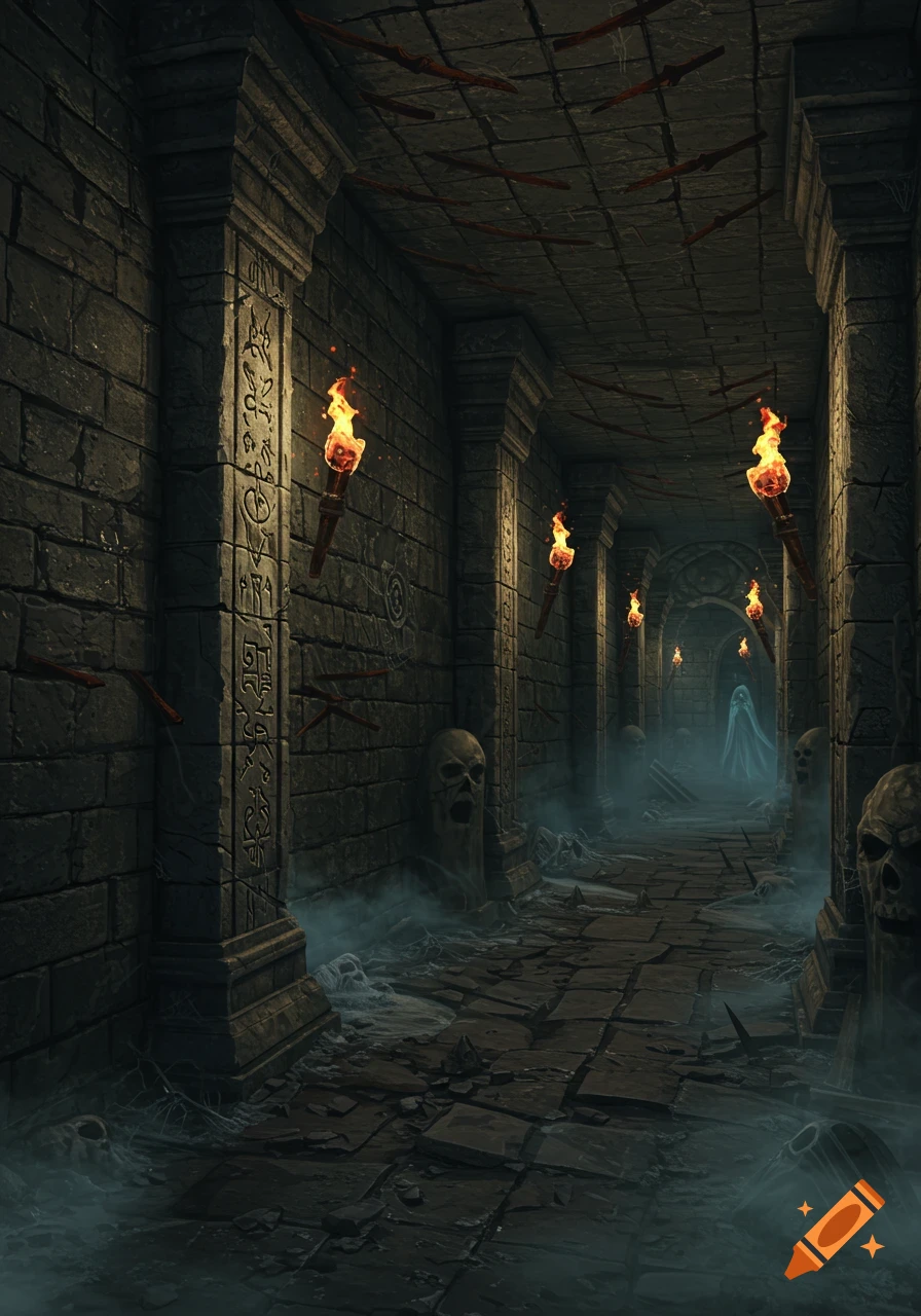 A dark, atmospheric dungeon hallway with glowing torches on stone pillars carved with ancient symbols, skulls emerging from the misty floor, and a faint ghostly figure in the distance.