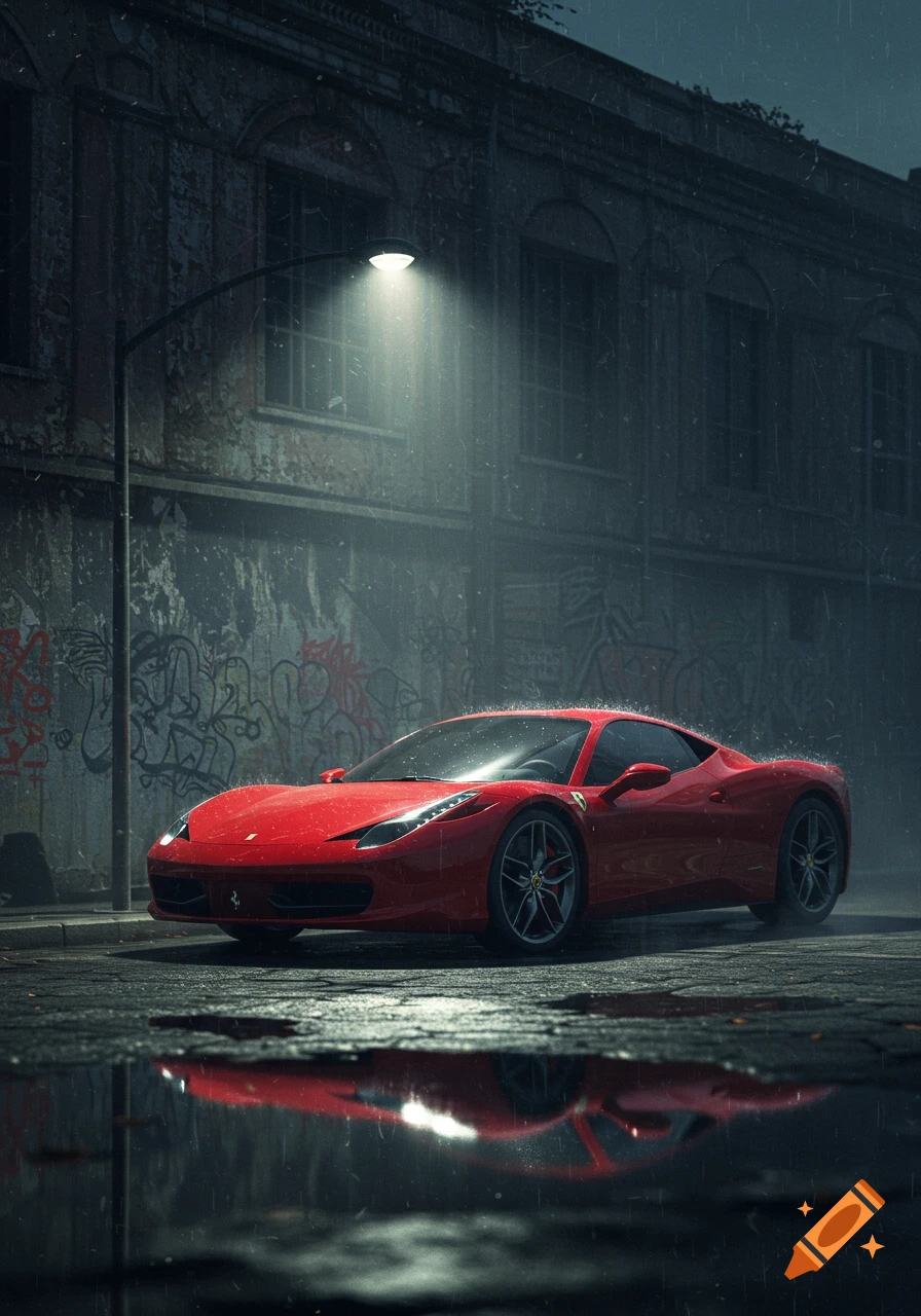 A photorealistic red Ferrari sports car is parked on a wet, rainy urban street at night, illuminated by a street lamp.