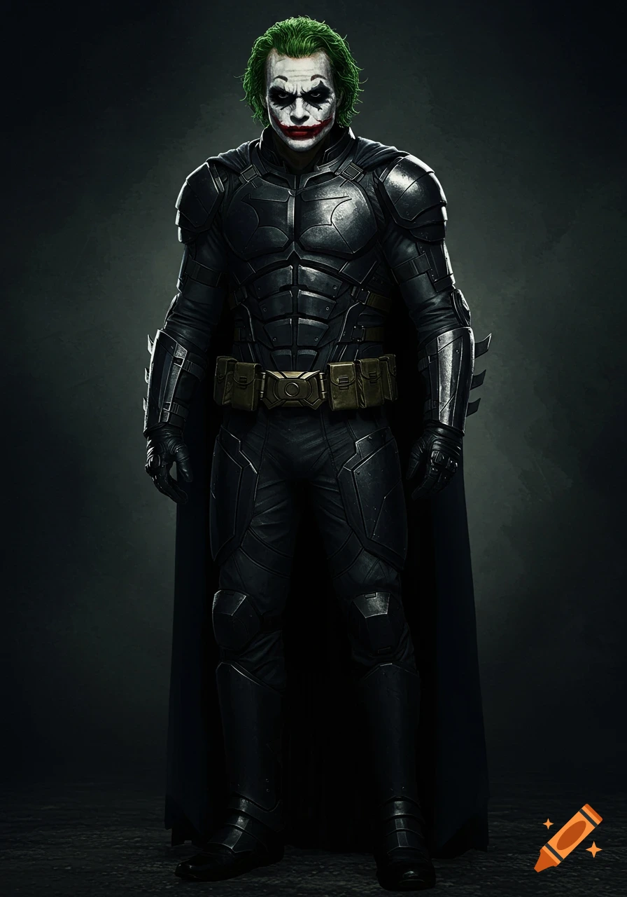 A character with Joker's face and green hair wearing a dark, armored Batman suit and cape stands against a dark background.
