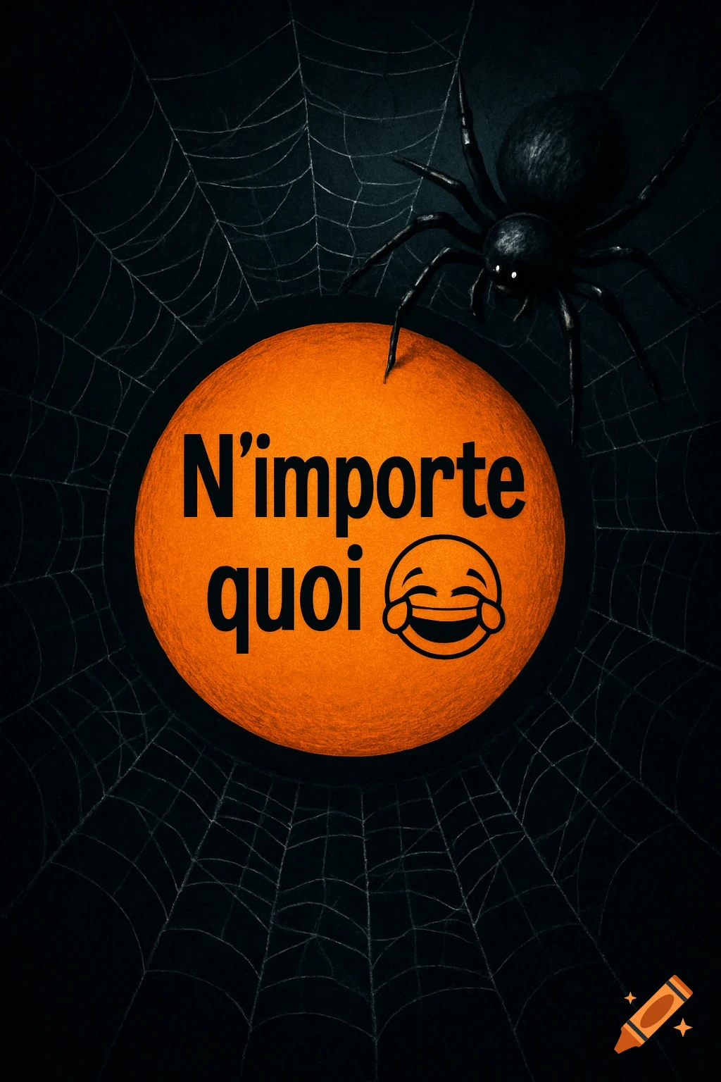 A black spider perched on a spiderweb, with a prominent orange circle displaying the text "N'importe quoi" and a laughing emoji.