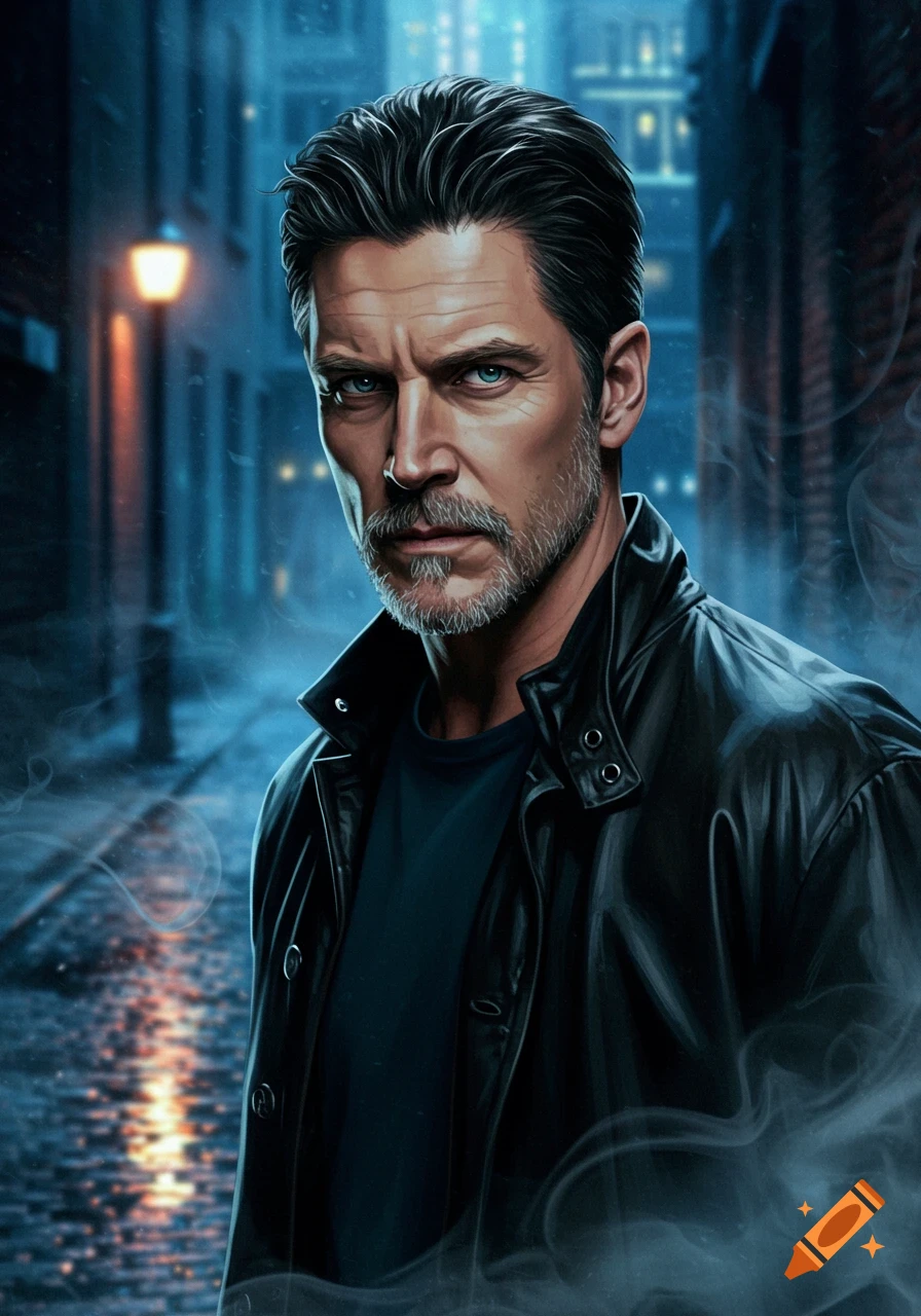 Stylized portrait of a serious man in a black leather jacket with dark hair and a gray beard, standing in a dark, rainy alley.