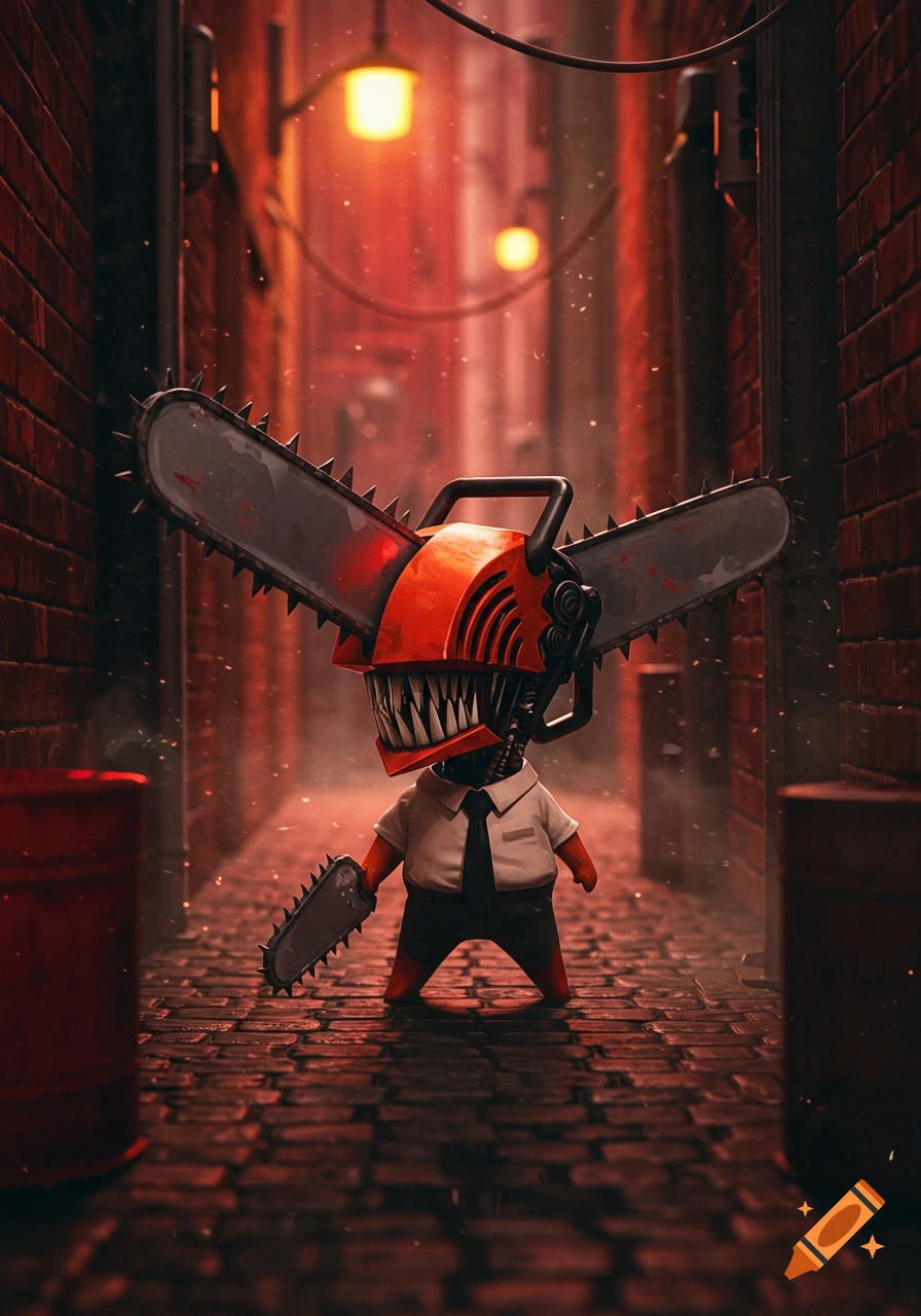 A cute, stylized Pochita character with a chainsaw head and a small chainsaw in hand, wearing a shirt and tie, stands in a dark red-lit alley.