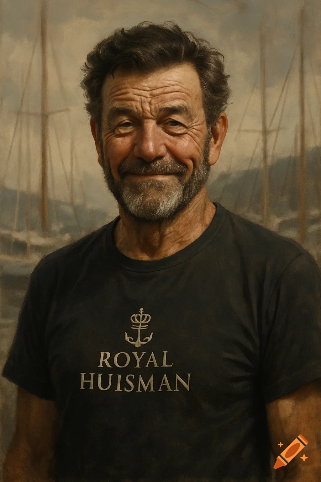 A smiling older man with a beard in a black Royal Huisman t-shirt, with blurry boat masts in the background.