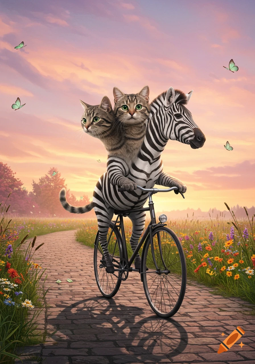 A whimsical creature with two cat heads and one zebra head on a zebra-striped body rides a bicycle along a cobblestone path through a field of wildflowers at sunset.