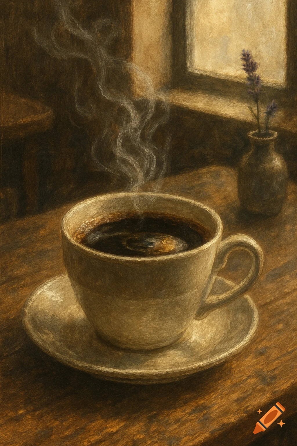 A steaming cup of black coffee sits on a saucer on a wooden table. A vase with lavender is by a sunlit window. Painterly style.