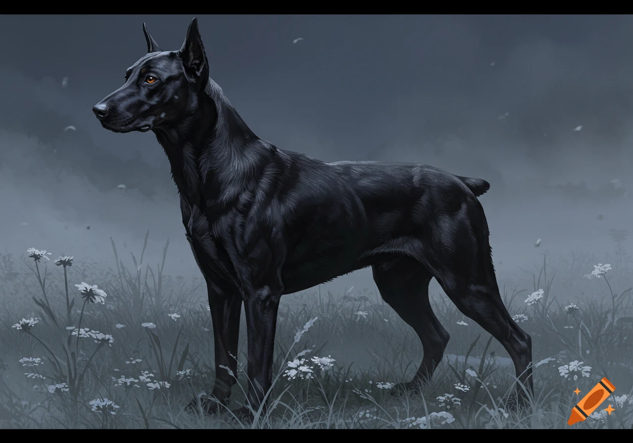 A black Doberman dog with cropped ears and glowing orange eyes stands in a misty field with white flowers at dusk, digital art.