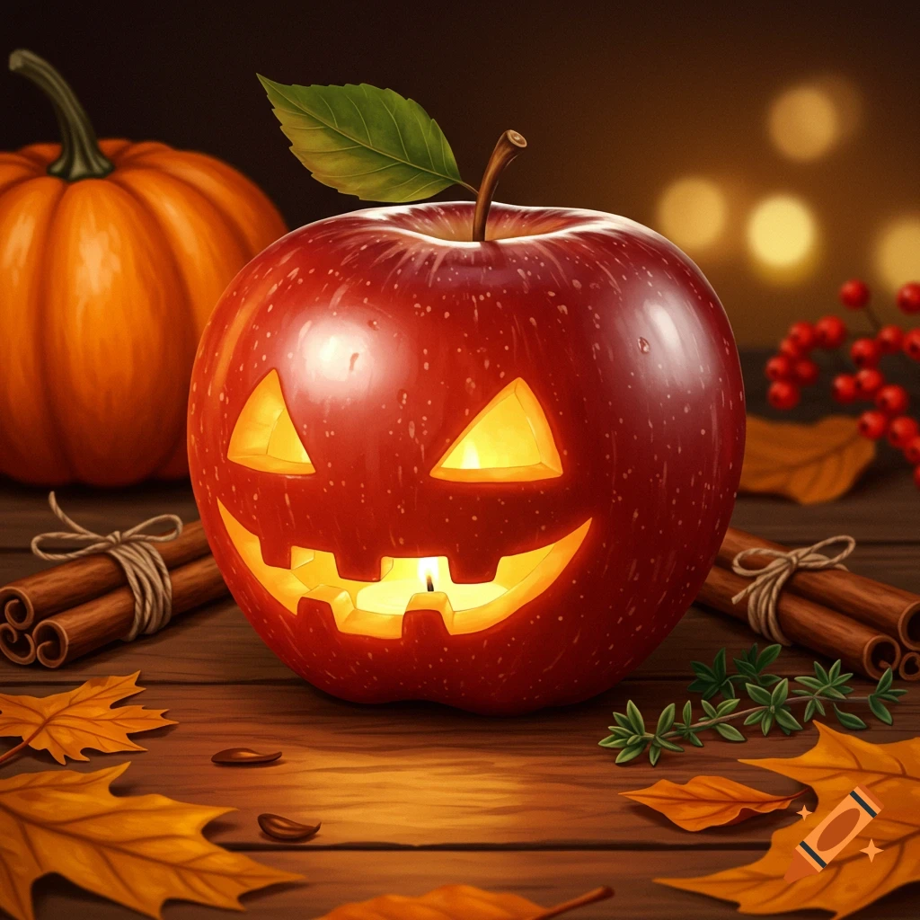 A glowing red apple carved as a jack-o'-lantern sits on a wooden table with autumn leaves, cinnamon sticks, and a pumpkin.