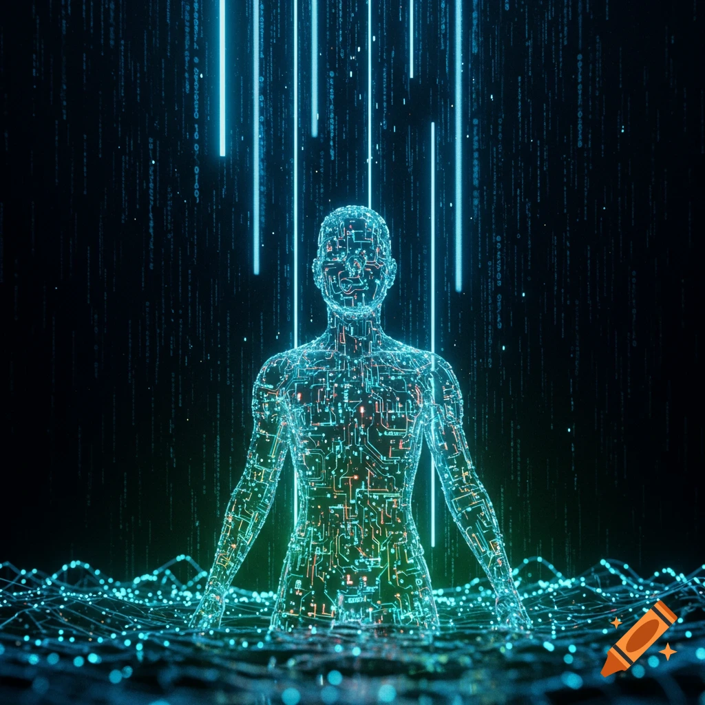 A glowing, translucent human figure made of circuits stands amidst falling binary code and digital waves.