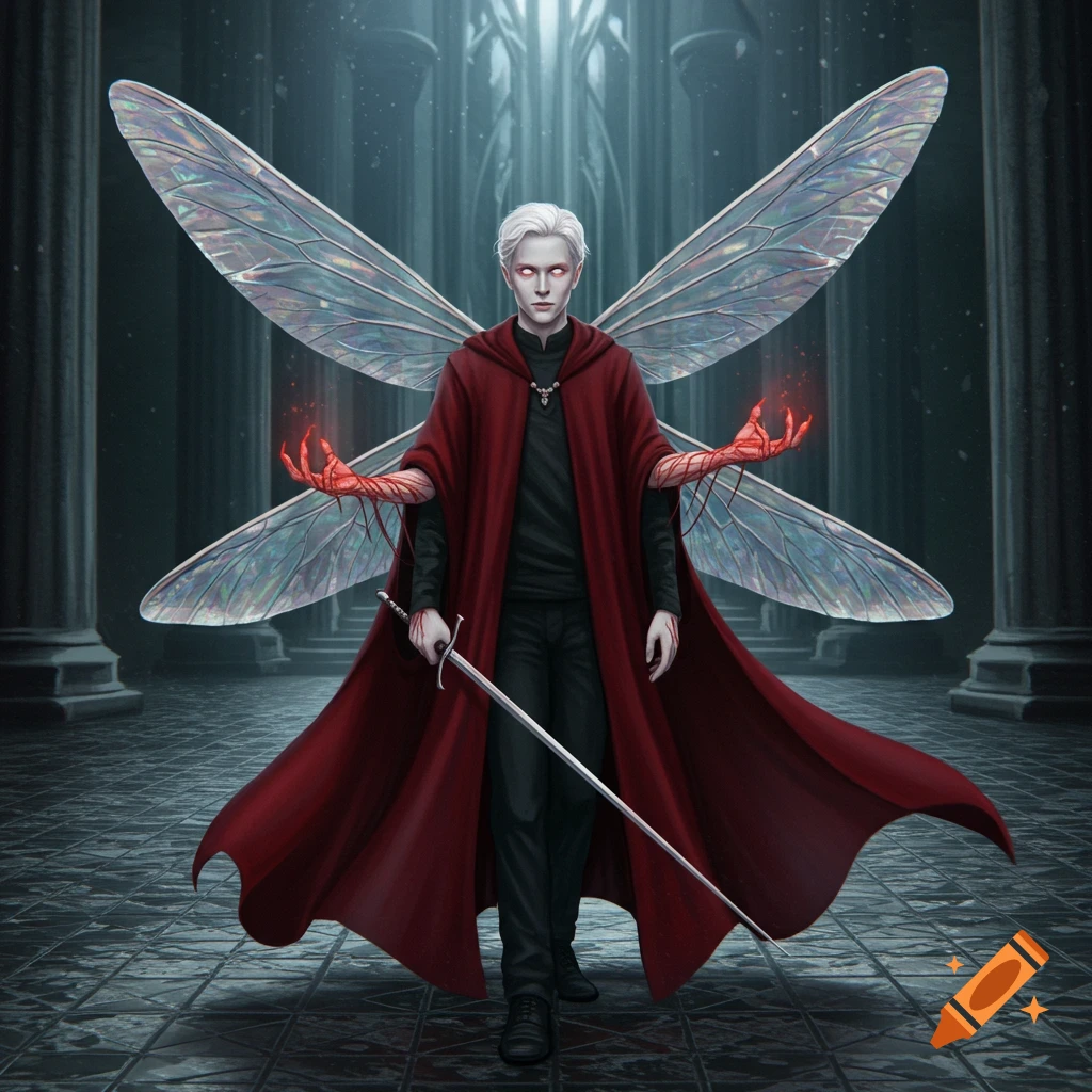 A pale, white-haired figure with glowing red eyes and translucent insect wings, wearing a dark red cloak, holding a silver sword, stands in a gothic hall.