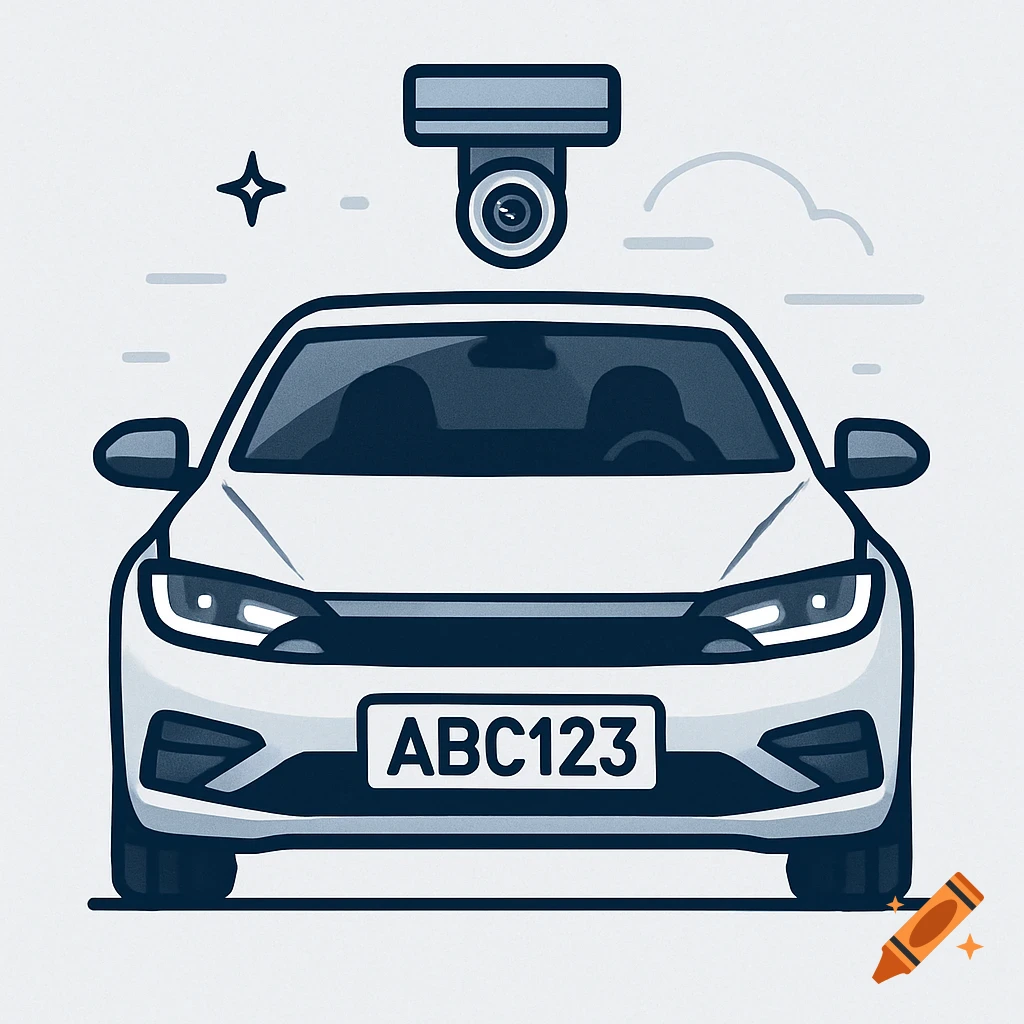 Front view illustration of a white car with a license plate "ABC123" and a surveillance camera above it, in an icon style.