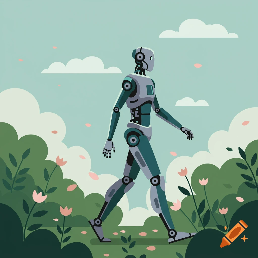 A flat illustrative image of a robot walking through a garden with pink flowers, green bushes, and clouds in a light blue sky.