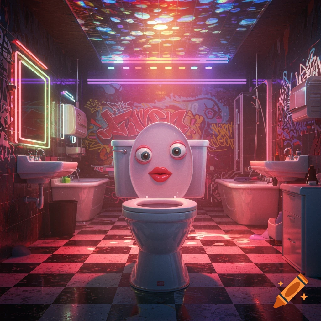 A pink, cartoon-faced toilet with large eyes and red lips sits centrally in a neon-lit, graffiti-covered bathroom with a checkered floor.