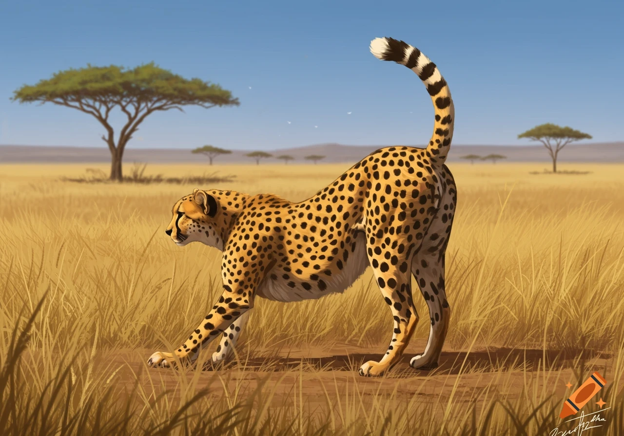 A cheetah stretches in a savanna, with acacia trees under a clear blue sky.