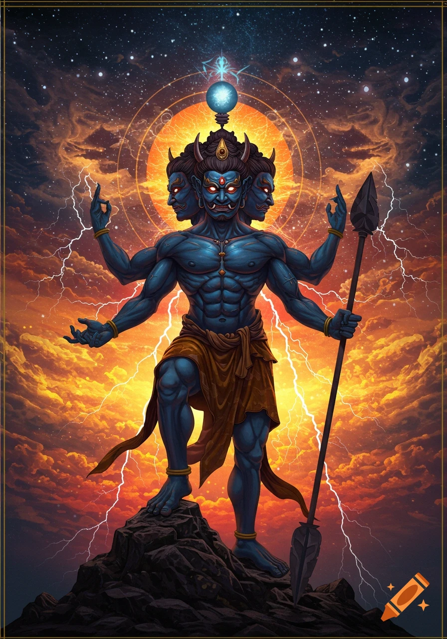 A blue-skinned, three-headed, six-armed asura stands on a rocky peak, holding a spear, against a fiery, stormy sky with lightning.