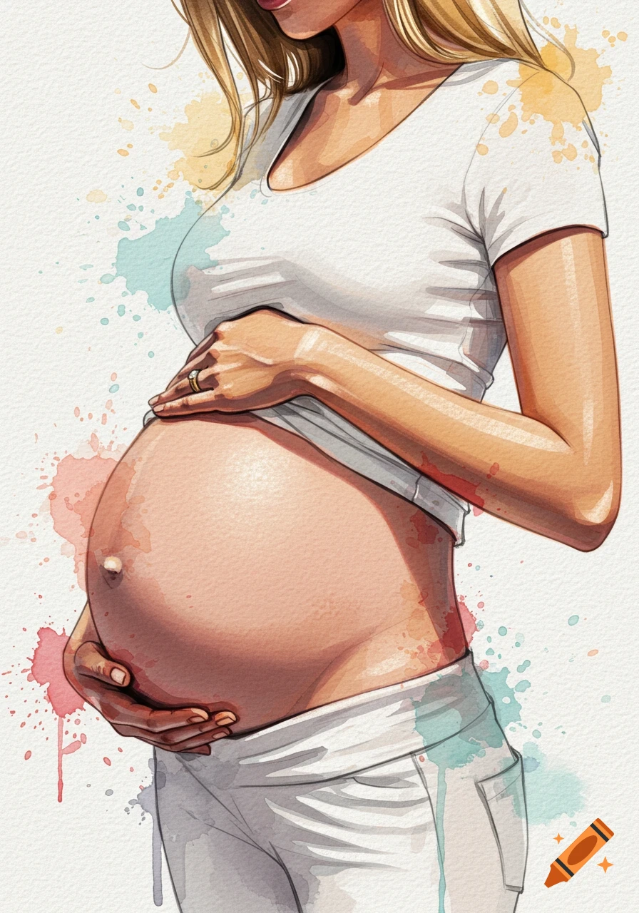 A watercolor illustration of a pregnant woman in white clothes holding her belly with a visible wedding ring.