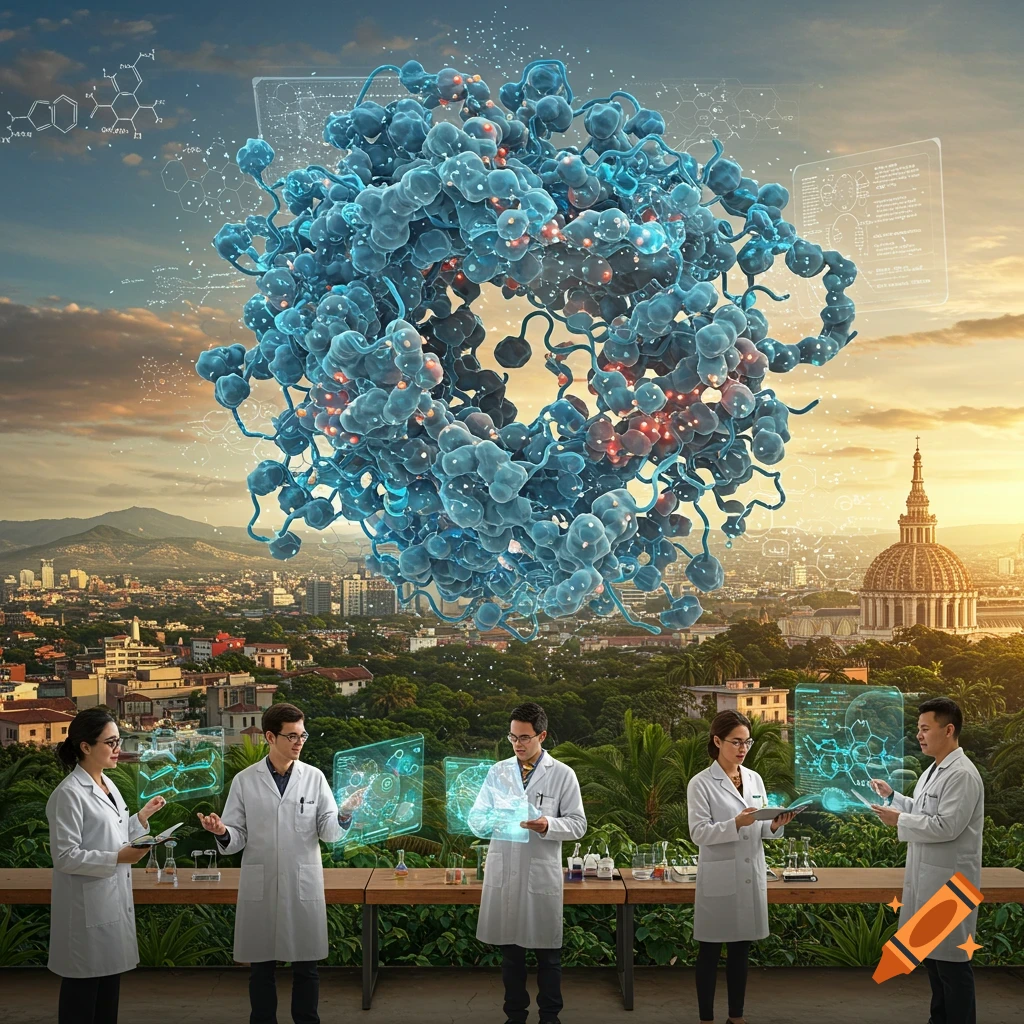 Scientists in lab coats interact with holographic screens showing molecular structures above a cityscape at sunset, with a large protein model in the sky.