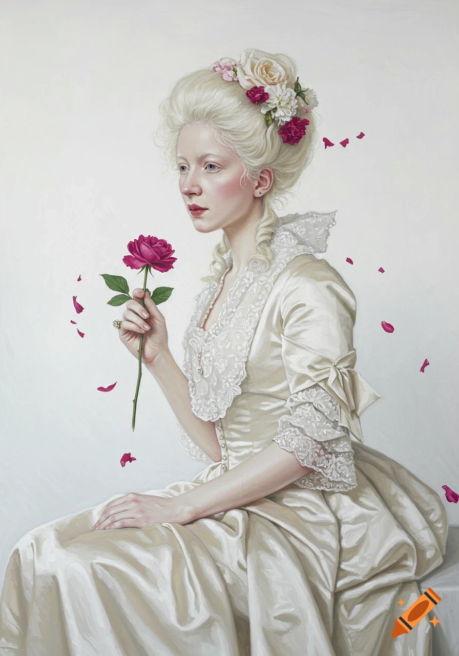 Oil painting of a pale woman in a cream Victorian dress, holding a fuchsia rose, with petals scattered on a white background.