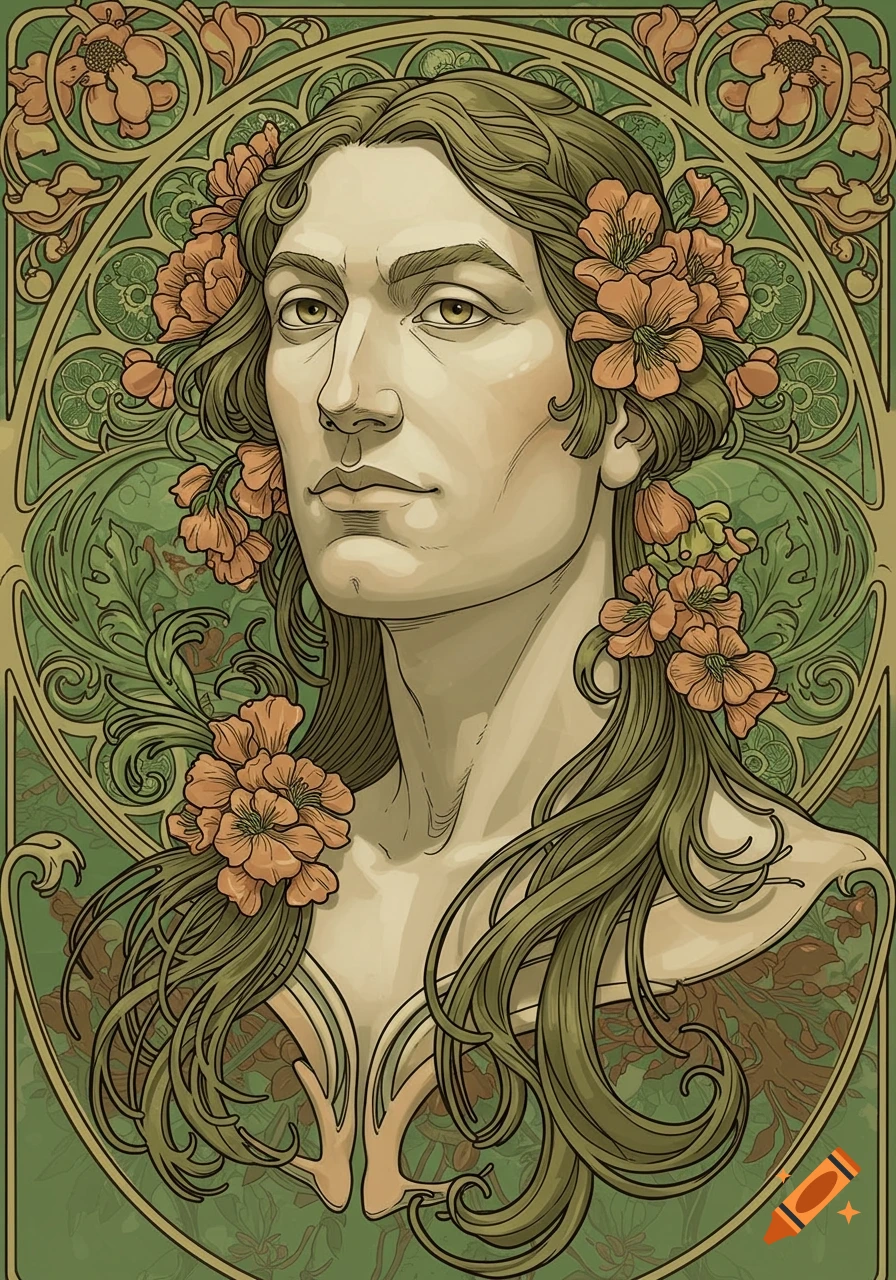 Art Nouveau illustration of a man's bust with long hair and flowers, set against a green floral background.