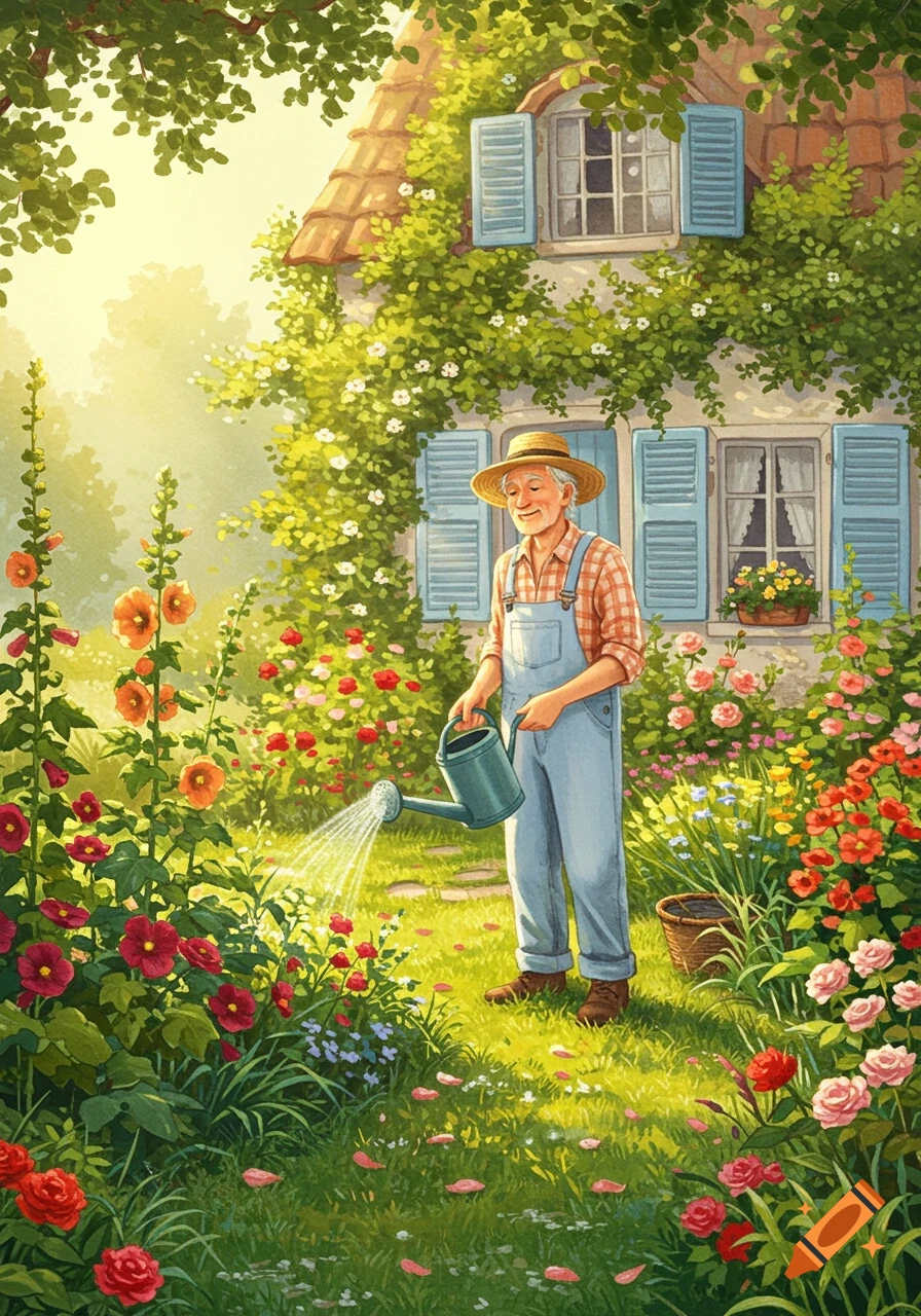 Watercolor illustration of a smiling old man in a straw hat and overalls watering a vibrant flower garden outside a house.
