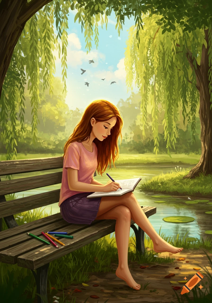 A red-haired girl sits barefoot on a wooden park bench, drawing in a sketchbook with colored pencils by a pond under weeping willow trees. Stylized illustration.