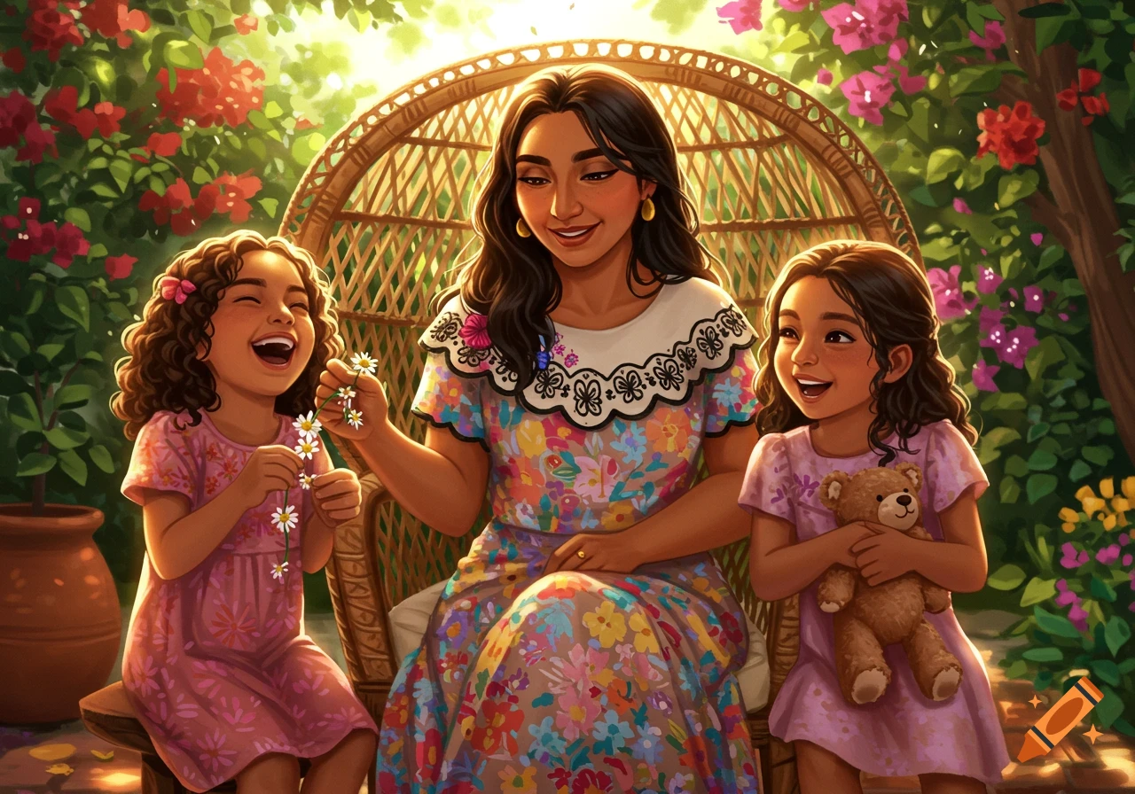 A Latina mother and her two young daughters laugh while sitting in a lush, vibrant garden, making daisy chains.