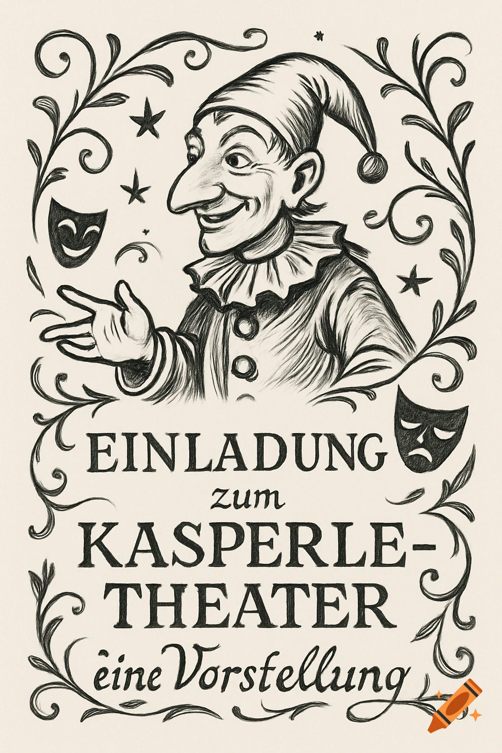 Black and white illustration of a smiling jester in a pointed hat, framed by vines, with German text 'Invitation to Kasperle Theater, a performance' and theater masks.