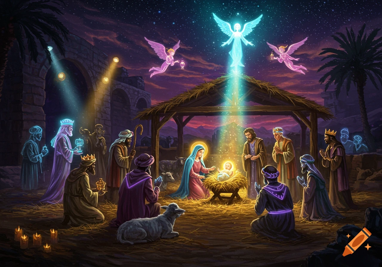A vibrant, neon-lit digital art depiction of the Nativity scene, with glowing angels and figures surrounding Mary, Joseph, and baby Jesus in a stable.