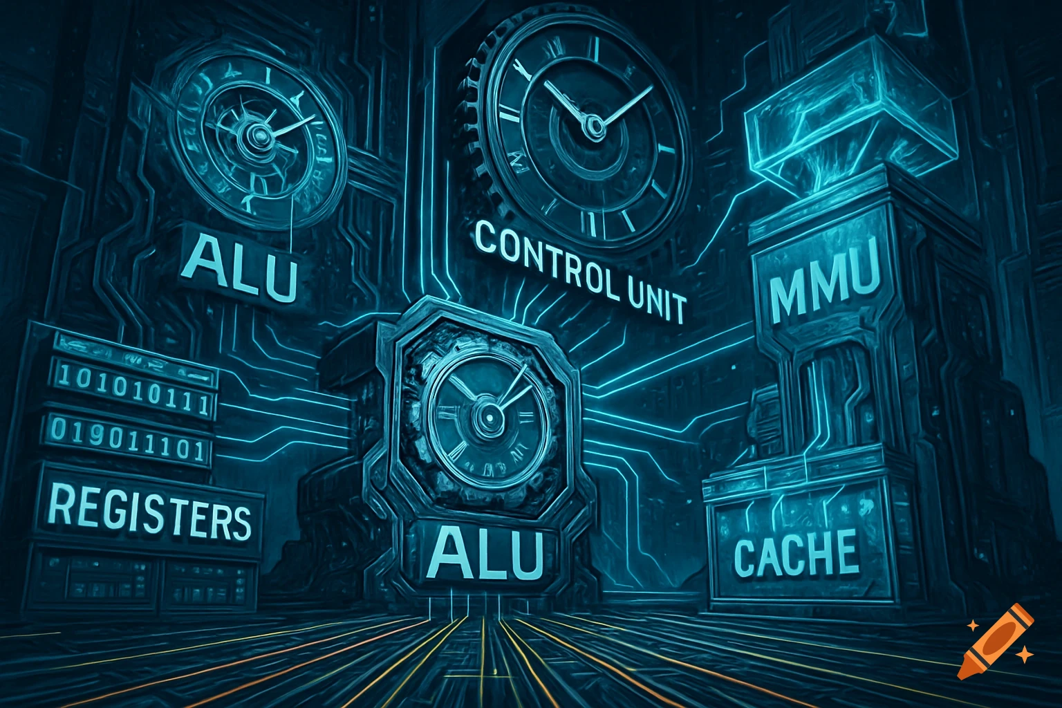 An abstract, cybernetic depiction of computer architecture with glowing blue lines, showing labels like ALU, Control Unit, MMU, Registers, and Cache.