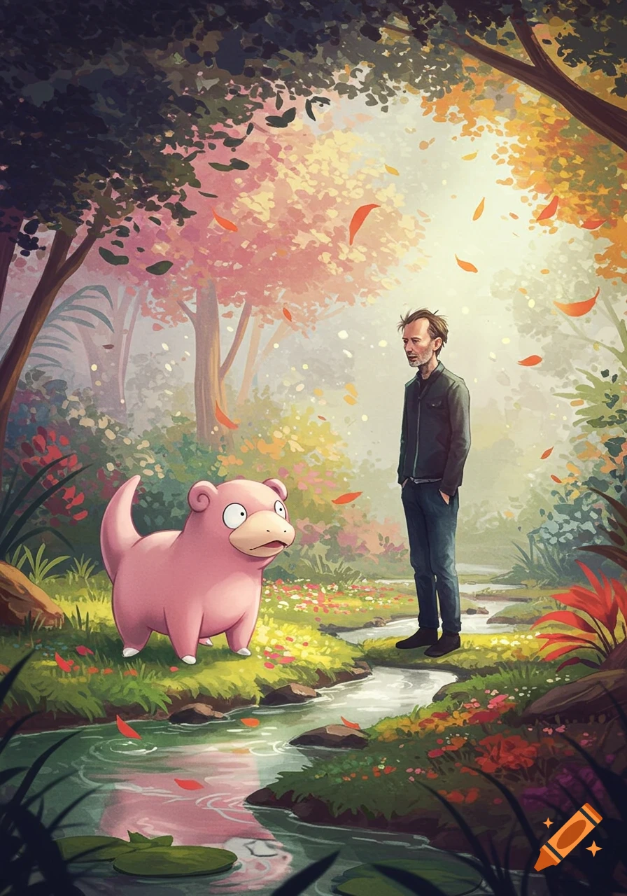 Thom Yorke stands with a pink Slowpoke in a vibrant, fantastical forest with a stream and falling leaves.