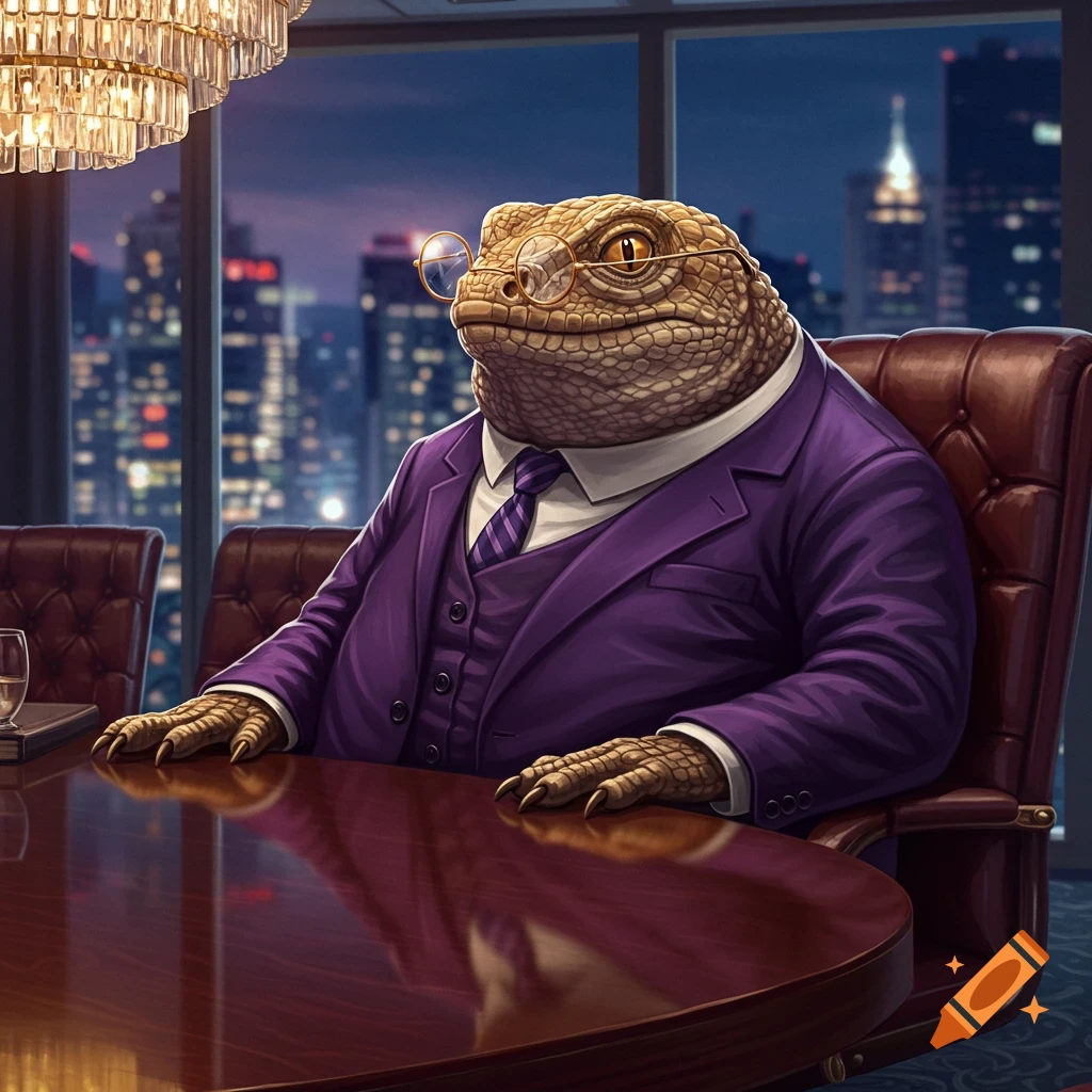 A morbidly obese lizard CEO wearing a purple suit and tie, with glasses, sitting at a conference table in a high-rise office overlooking a city at night.