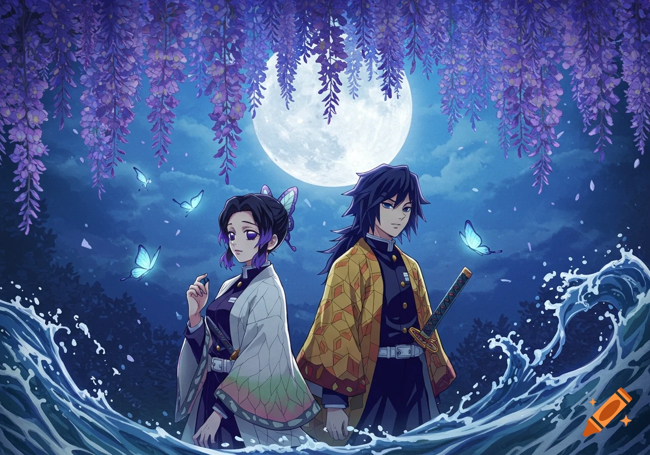 Anime characters Shinobu and Giyu stand under purple wisteria and a full moon with blue butterflies, water splashing.