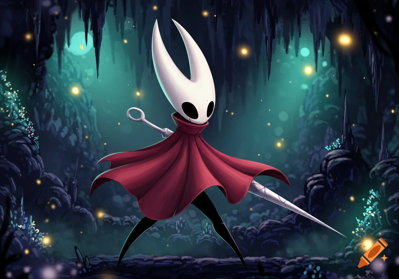 Hornet from Hollow Knight, a white bug-like character in a red cloak holding a needle, stands in a glowing dark cave.