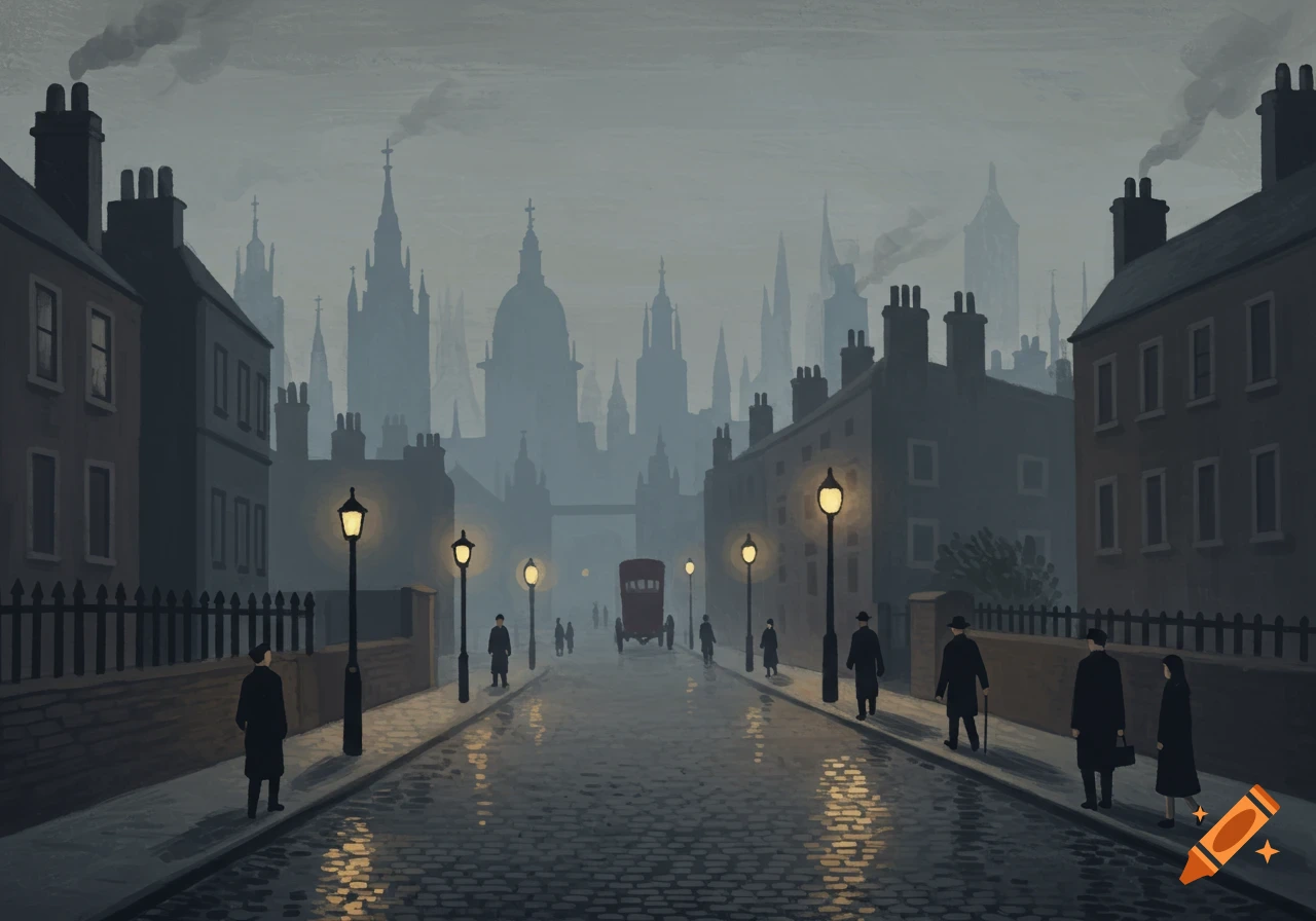 A moody painting in the Lowry style shows a misty London street with pedestrians, gas lamps, and historic buildings.